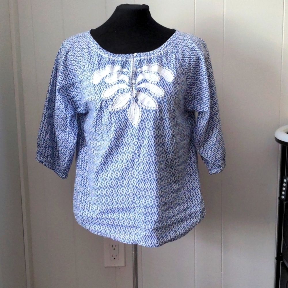 Cotton Pullover Blue White Print Blouse Size Small